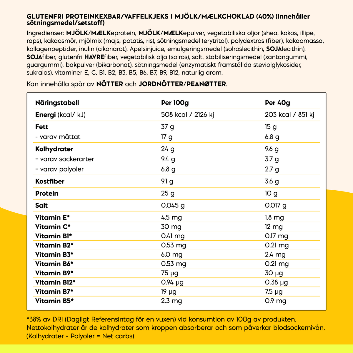 NICK'S Orange Chocolate Protein Wafer nutrition table showing 10g protein, fiber, carbohydrates, fats, vitamins and calories per serving