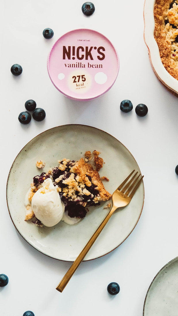 Healthy Bluebery pie with vanilla ice cream.