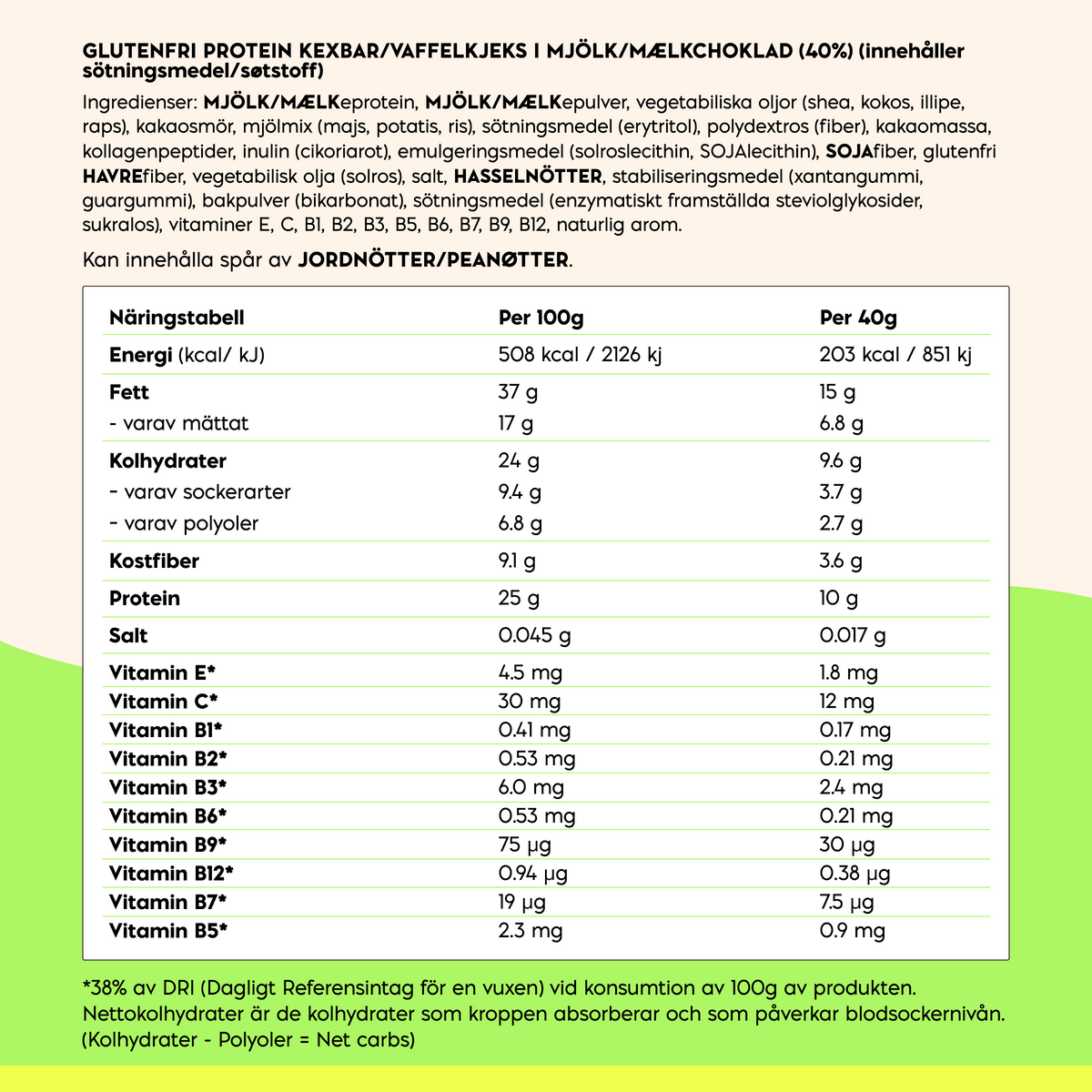 NICK'S Hazelnut Chocolate Protein Wafer nutrition table showing calories, protein, carbohydrates, fiber, fats and vitamins.
