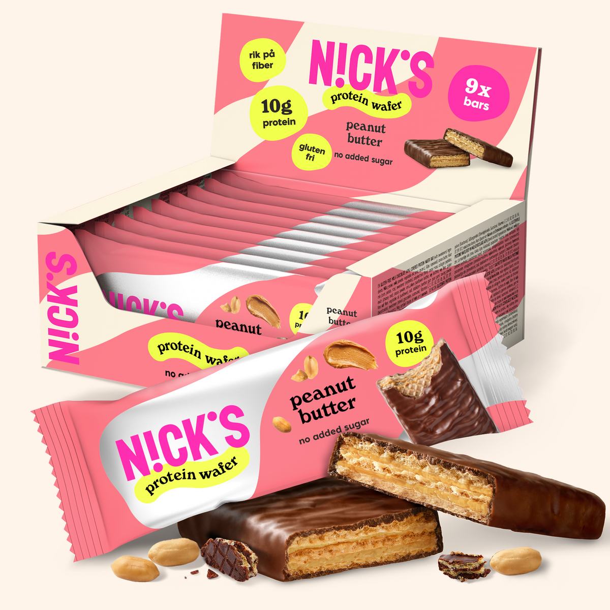 NICK'S Peanut Butter Protein Wafer 9-pack with chocolate coating and 10g protein per bar