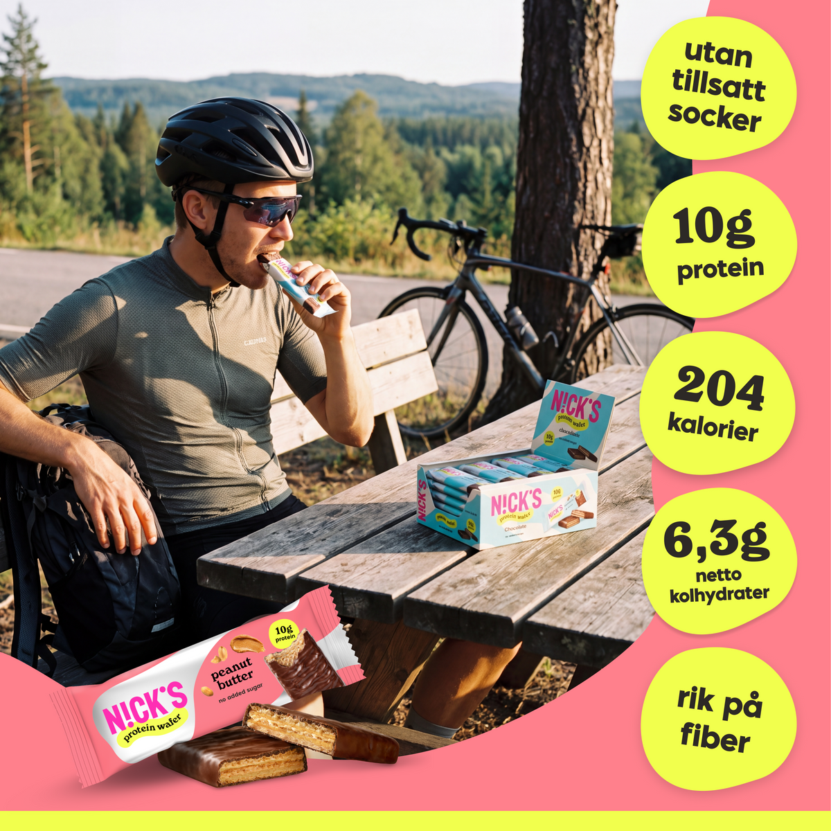 Cyclist enjoying a NICK'S Peanut Butter Protein Wafer with 10g protein and no added sugar