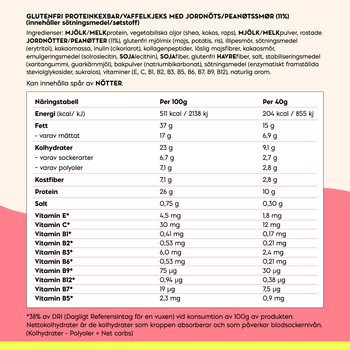 NICK'S Peanut Butter Protein Wafer nutrition facts showing 204 calories and 10g protein per 40g serving