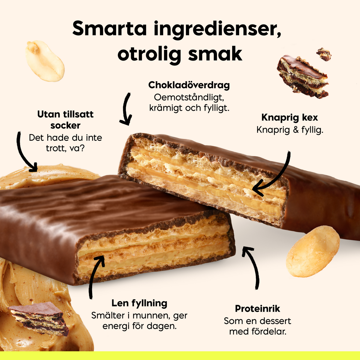 NICK'S Peanut Butter Protein Wafer with creamy peanut butter filling, crispy wafer layers and chocolate coating