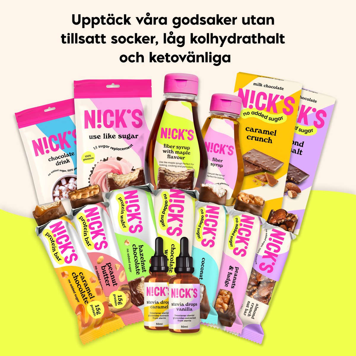 NICK'S product portfolio featuring protein bars, protein wafers, chocolate, fiber products and sweeteners